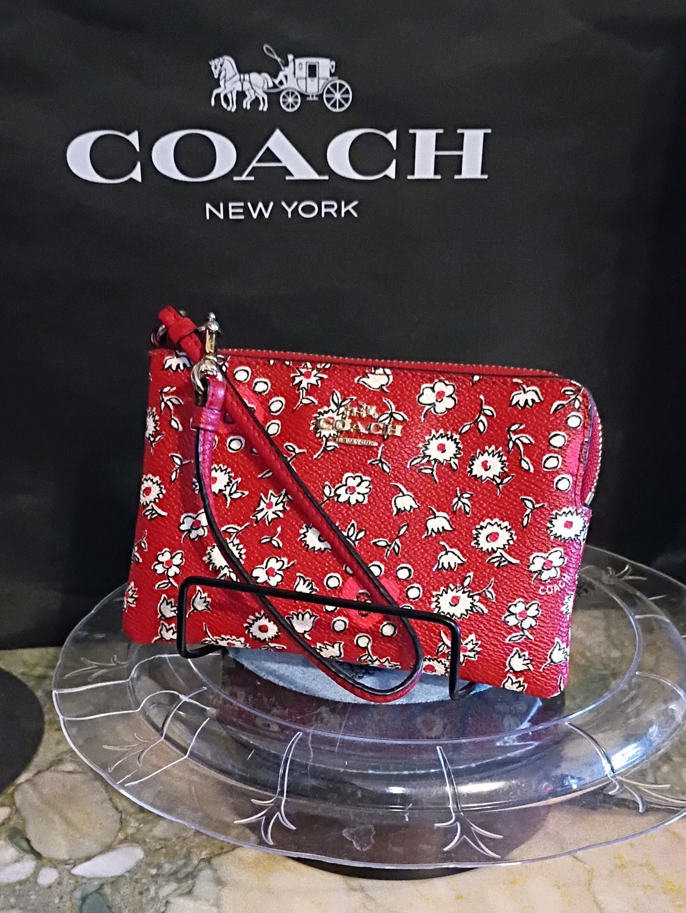 Coach Red Floral Zip Wristlet - Signature Leather